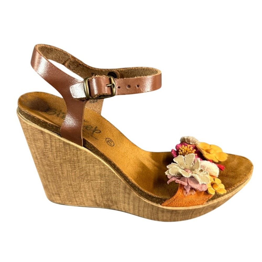 Bio Step Womens Floral Wedge Sandals Brown Leather Ankle Strap Boho Made Spain